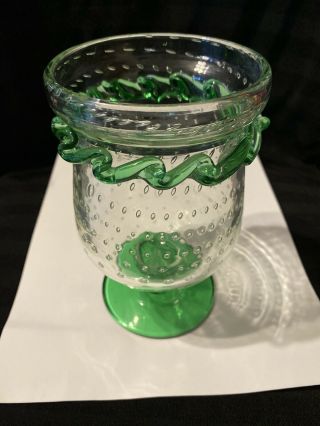 Vintage Speckled Green Hand Blown Glass Footed Vase Large Vintage (vic)