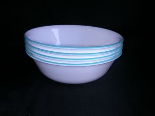 Set Of 4 Corelle GARDEN LACE Soup Cereal Bowls Teal Turquoise Rim 2