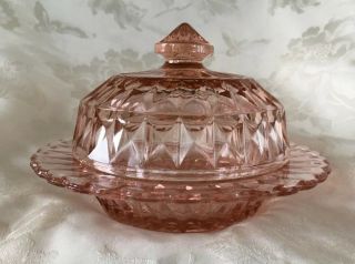 Pink Windsor Diamond Butter Dish Vintage Depression Glass Jeannette Glass Co