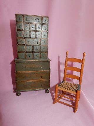 Magnificent Artist Made Shaker Doll House Herb Cabinet With Rocking Chair