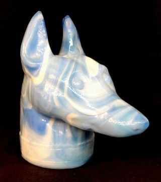 Boyd Art Glass Blue & White Slag Doberman Dog Head