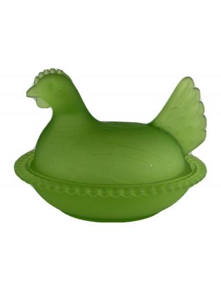 Vintage Frosted Green Glass Hen On A Nest Covered Dish Chicken Candy Dish