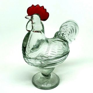 Vintage Large Clear And Red Glass Rooster On A Nest 8.  5 Inches Tall
