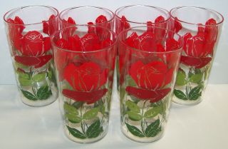 6 Vintage Anchor Hocking Tumblers Glasses 2 - Tone Red & Green Roses