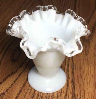 Fenton Silver Crest Ruffled Milk Glass Vase,  Trumpet Shaped