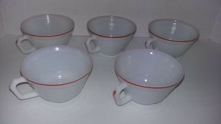 5 Hazel Atlas Moderntone Platonite Cups White With Red Stripes Euc