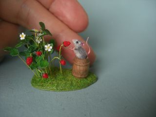 OOAK Dollhouse 1:12 Miniature Mouse Strawberry base Handmade OREON cat 2