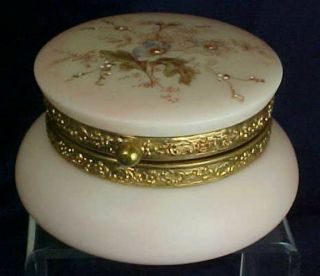 Antique Wavecrest Style Powder Jar Hinged Lid Hand Painted Brass Rim