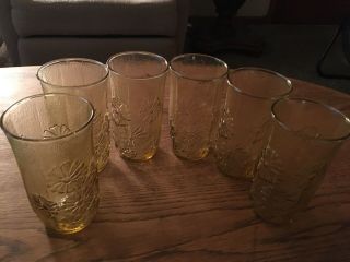 6 Vintage Amber Glass Tumbler Daisy Flower Power Ice Tea Drinking Glasses