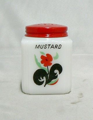 Vintage Milk Glass Tipp Mustard Shaker " Red Flower " Design