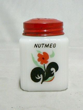 Vintage Milk Glass Tipp Nutmeg Shaker " Red Flower " Design