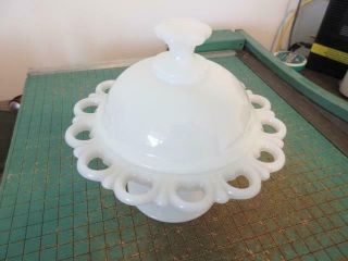 Vintage Anchor Hocking Milk White Anchorglass Open Lace Compote Bowl With Lid