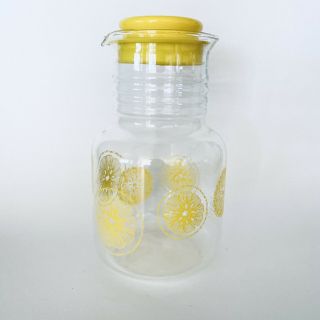 Vintage Pyrex Lemonade Juice Carafe Pitcher Yellow Lemons Lid Complete 1.  5 Qt Lg