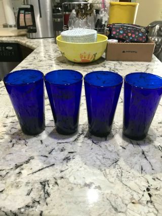 Set Of 4 Cobalt Blue Libbey 16 Oz Glass Tumblers Water Ice Tea Cooler 5 7/8 " T.