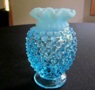 Vintage Fenton Blue Opalescent Hobnail Ruffled Edge Mini Vase