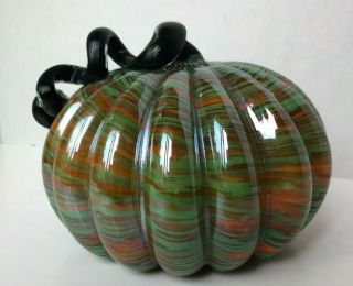 Hand Blown Glass,  Small Swirled Fall,  Harvest Halloween Pumpkin Green & Orange