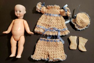 Antique 7 " German Bisque Head Baby Doll W/ Handmade Clothing
