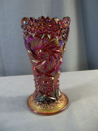 L.  E.  Smith Red Carnival Glass Vase W/ Yellow Foot Pinwheel Hobstar Design 6 " 2