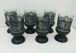 Set Of 6 Black Lace Embossed Drinking Tumbler Glasses W/ 2 " Pedestal Coasters