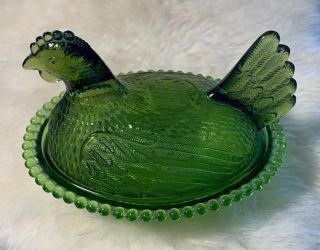 Rare Olive Green Indiana Glass Hen On Nest Candy Dish