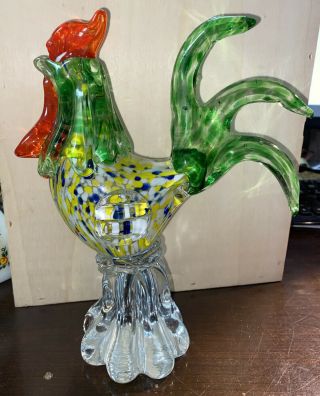 Vintage Hand Blown Art Glass Rooster 9 1/2” Tall Neat