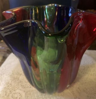 Ruffled Top Fluted Art Glass Vase Red,  Green,  Blue