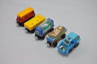 Set Of 5 Thomas Wooden Trains : Rubbish Truck,  Fossil Car,  Honey Barrel Car Etc