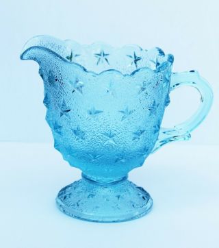 Vintage Fenton Glass Made For Lg Wright Aqua Blue Stippled Star Creamer Pitcher