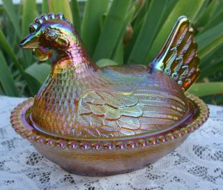 Vtg Carnival Gold/amber Indiana Glass Iridescent Chicken Hen On Nest Candy Dish