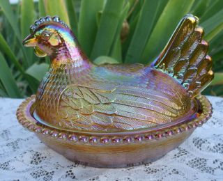 Vtg Carnival Gold/Amber Indiana Glass Iridescent Chicken Hen On Nest Candy Dish 2