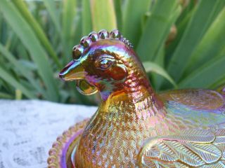 Vtg Carnival Gold/Amber Indiana Glass Iridescent Chicken Hen On Nest Candy Dish 3