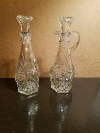 Vintage Clear Cut Glass Cruet Oil And Vinegar Set With Glass Stoppers - 7.  5 " Tall