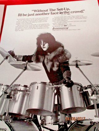 Kiss,  1980 " Unmasked " Eric Carr,  Black & White Ludwig Drum Mag Ad,  Tear Sheet