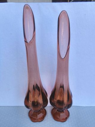 (2) Vintage L.  E.  Smith Peachy Amber Glass Simplicity Line Footed Swung 16 " Vases