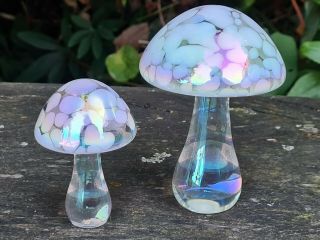 2 X White Pearl Iridescent Glass Mushrooms (heron Glass) Vgc