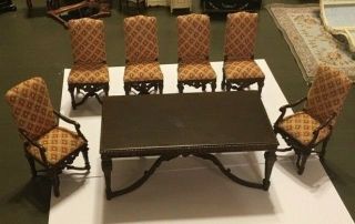 Rare Vintage Bespaq Dollhouse Louis Xiv Xvi Dining Room Set Table & 7 Chairs