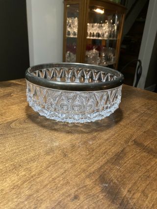 Heavy Cut Clear Crystal Glass Serving/salad Bowl Silver Plate Rim - 8 3/4 " Across