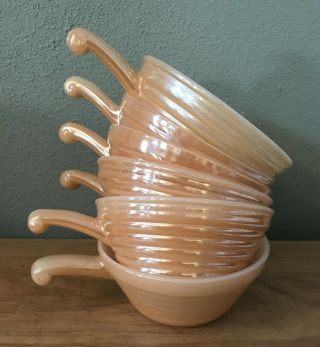 Set Of 6 Vintage Fire King Peach Lustre Beehive Handled Soup / Chili Bowls
