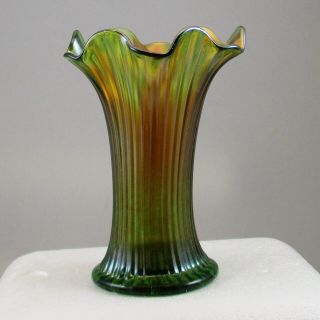 Northwood Fine Rib Green Carnival Glass Vase