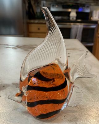 Art Glass Hand Blown Angel Fish Orange Black Paperweight Aquatic Figurine