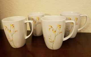 Set Of 4 Corelle Coordinates Porcelain Coffee Mug Cups Floral Kobe Yellow White