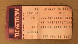 1987 U2 The Joshua Tree Tour Los Angeles Concert Ticket Stub Bono The Edge 11/18