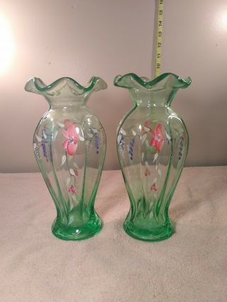 Vintage Set Of 2 Green Depression Glass Vase With Hand Painted Flowers Fenton