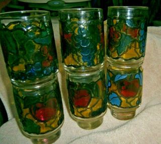 Vintage Set Of 6 Libbey Stained Glass Drinking Glasses 5 1/2 " By 3 "