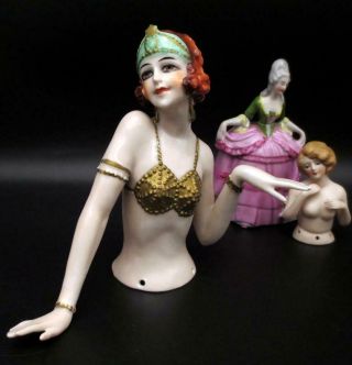 Vintage Porcelain Pincushion Germany Half Doll Mata Hari Style 5 " Flapper Large