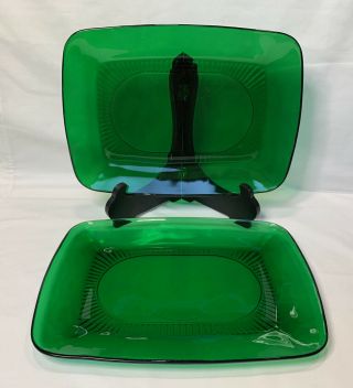 Set Of 2 Anchor Hocking Forest Green Charm Serving Plates Platters 11 X 8