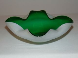 Vintage Mid Century Italian Murano Cased Glass Emerald Green Bowl