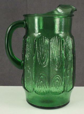 Vintage Hocking Mid Century Christmas Green Glass Pitcher Ice Lip Wood Grain