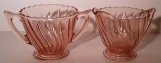Vintage Pink Jeannette Depression Petal Swirl Glass Sugar And Creamer Set
