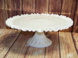 Vintage White Milk Glass Ruffled Edge Footed 12 1/2 " Cake Stand
